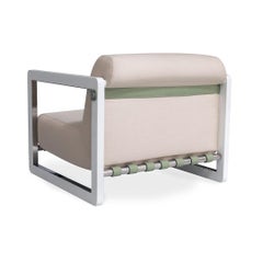 Modern Outdoor Armchair – Stainless Steel and Beige Weather-Resistant Fabric