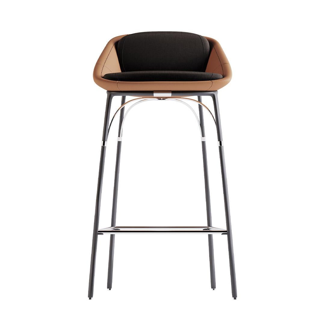 Elegante Silla de Bar de Cuero Negro y Acero Inoxidable para Exteriores Moderno en venta