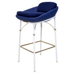Outdoor Bar Chair in White Stainless Steel with Blue Waterproof Leather
