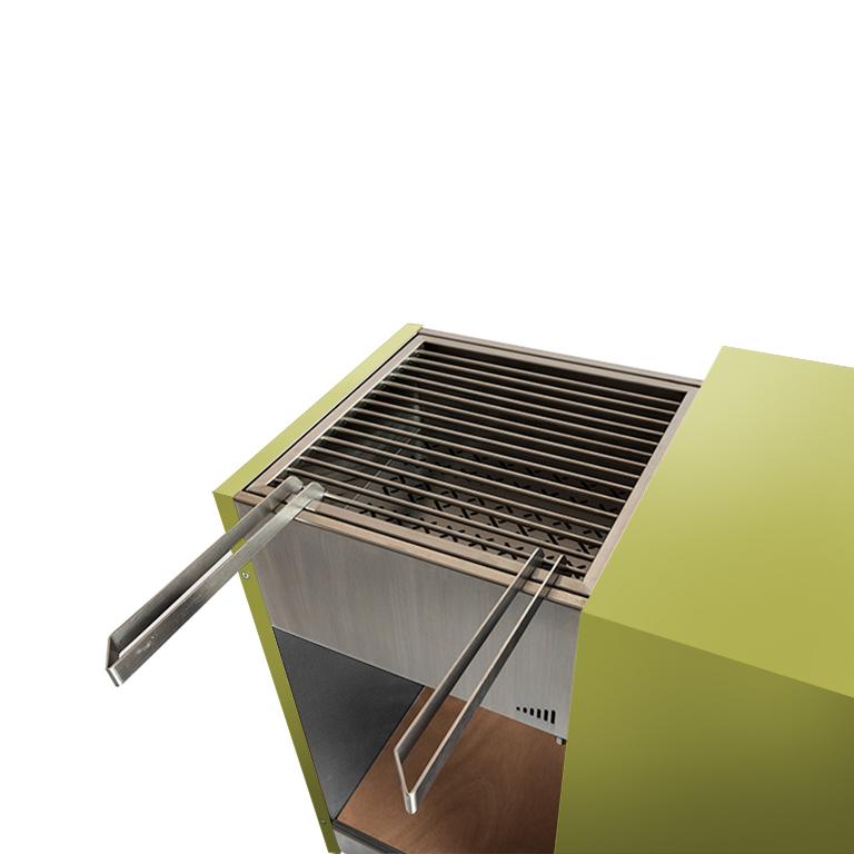 Painted Modern Outdoor Charcoal Barbecue with Sliding Grills, Snail Mono Vision Green For Sale