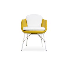 White Stainless Steel Dining Armchair with Yellow/White Waterproof Cushion