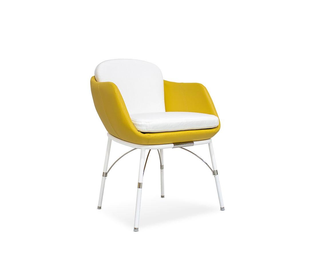 Modern Dining Armchair in White Stainless Steel with Yellow / White Waterproof Outdoor For Sale
