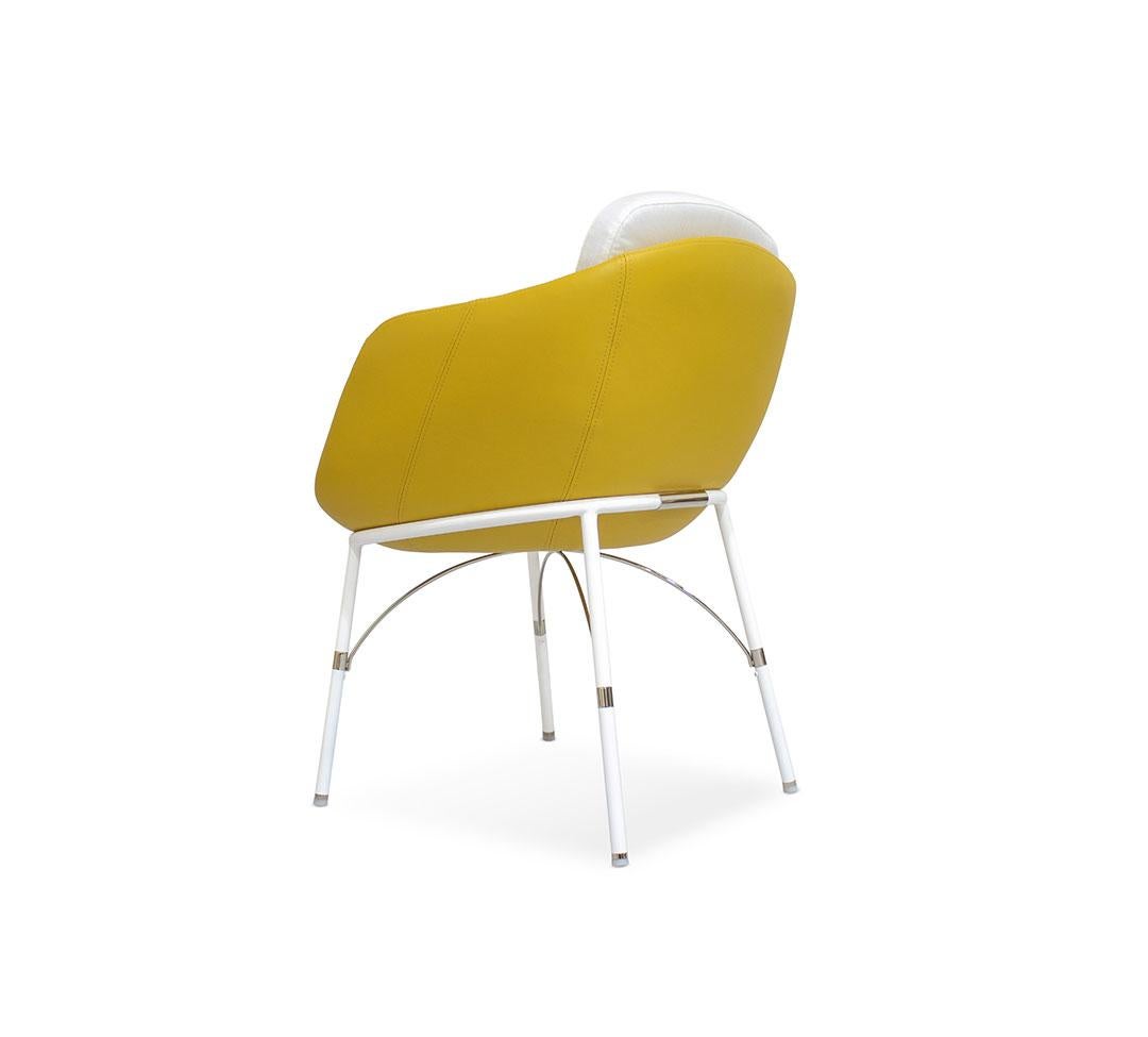 Dining Armchair in White Stainless Steel with Yellow / White Waterproof Outdoor In New Condition For Sale In Santo Tirso, PT