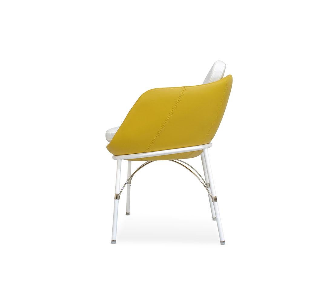 Contemporary Dining Armchair in White Stainless Steel with Yellow / White Waterproof Outdoor For Sale