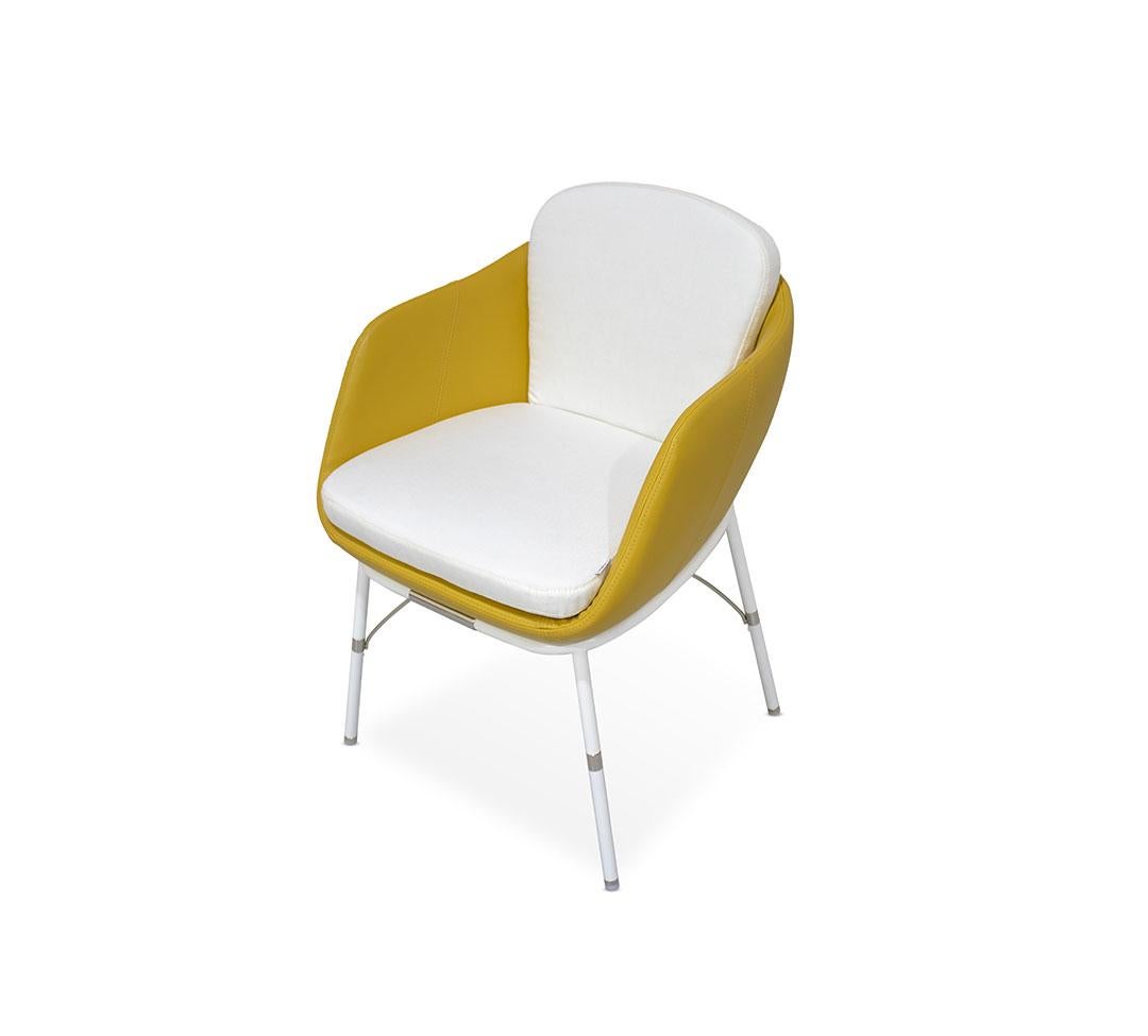 Dining Armchair in White Stainless Steel with Yellow / White Waterproof Outdoor For Sale 2