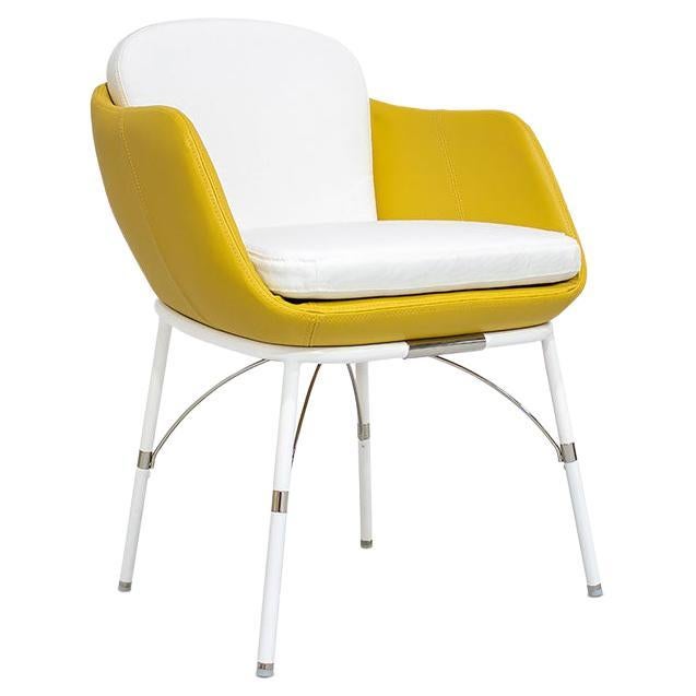 Dining Armchair in White Stainless Steel with Yellow / White Waterproof Outdoor For Sale