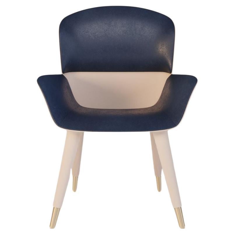 Modern Outdoor Dining Armchair with Indigo Leather and Gold Details For Sale