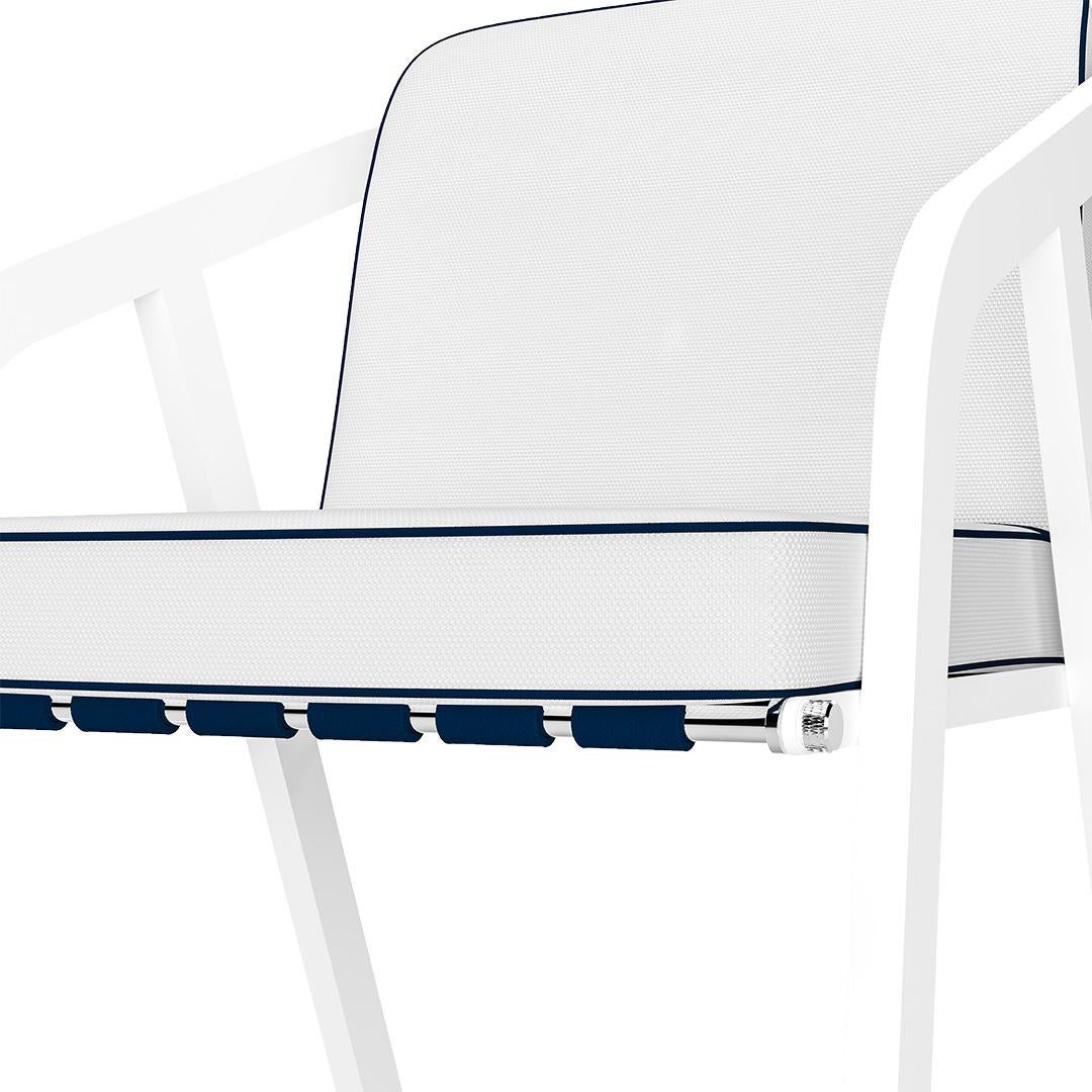 Contemporary Modern Outdoor Dining Chair with Navy Blue Leather Belts For Sale