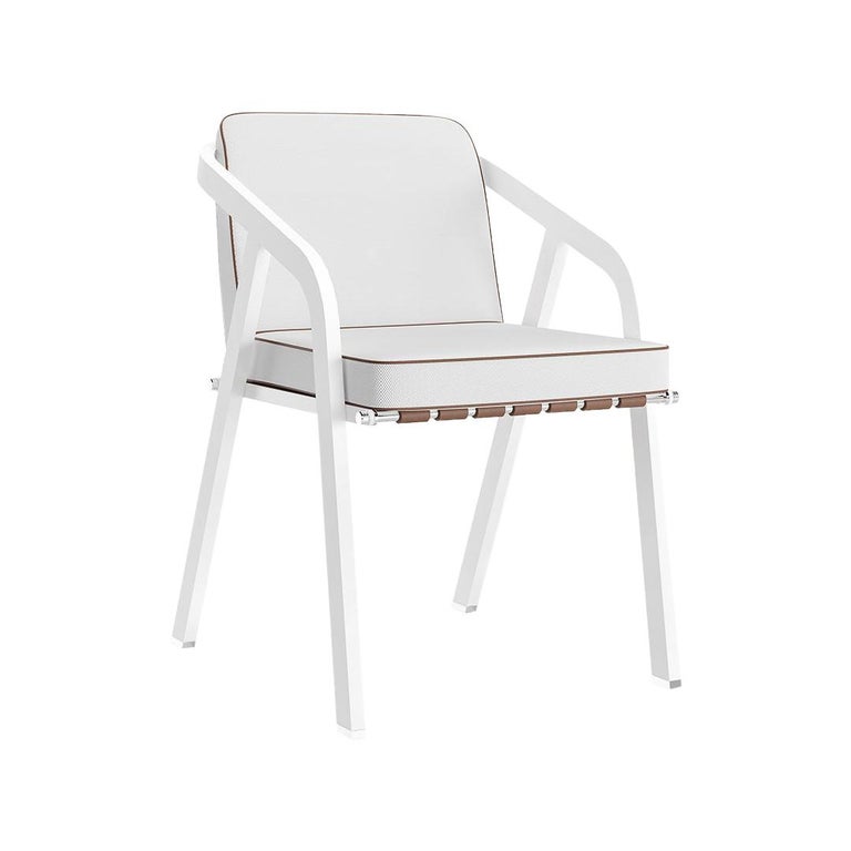 Modern Outdoor Dining Chair Leather Straps Stainless Steel White For Sale