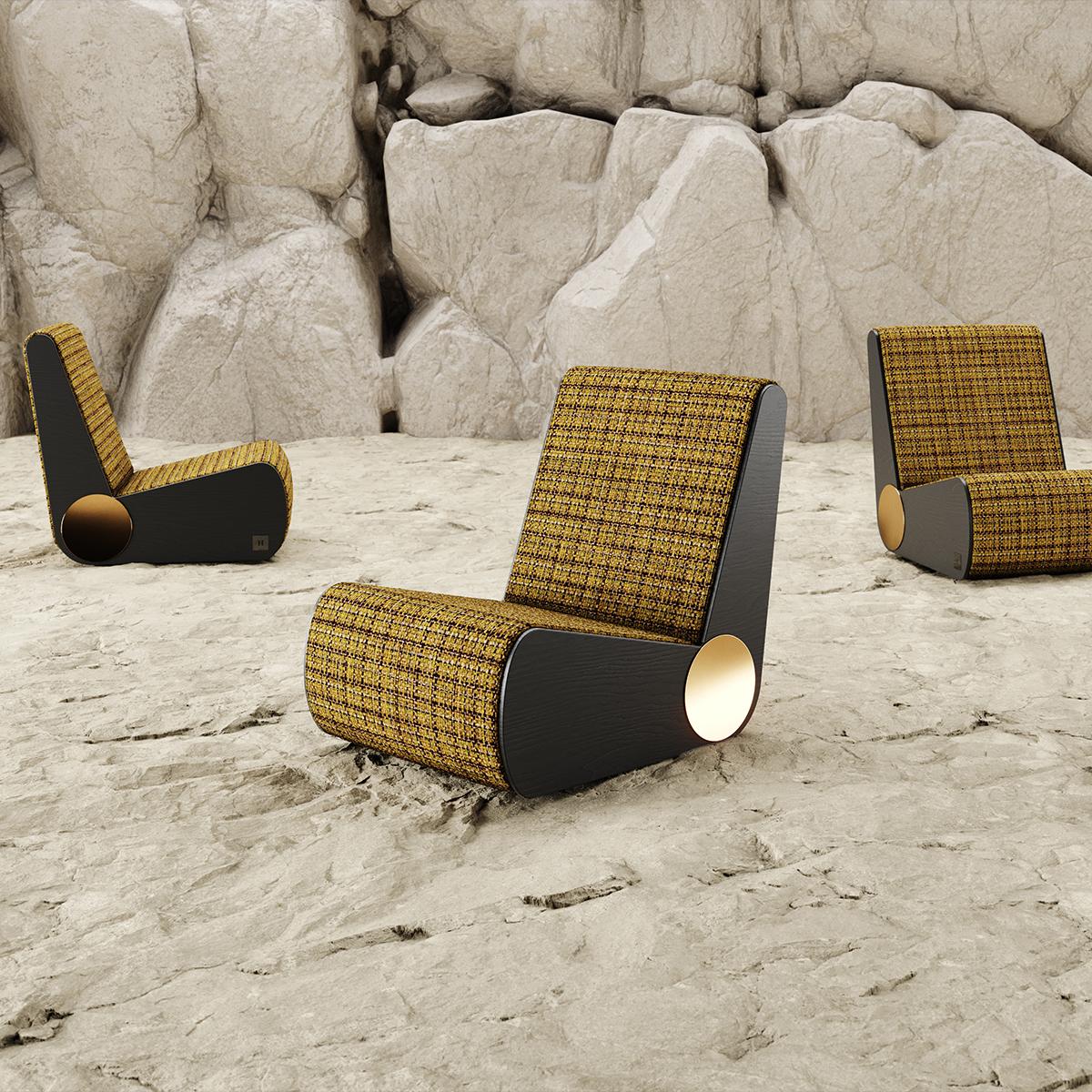 XXIe siècle et contemporain The Moderns Foldes Lounge Armchair in Brown Beige Pattern Fabric & Wood  en vente