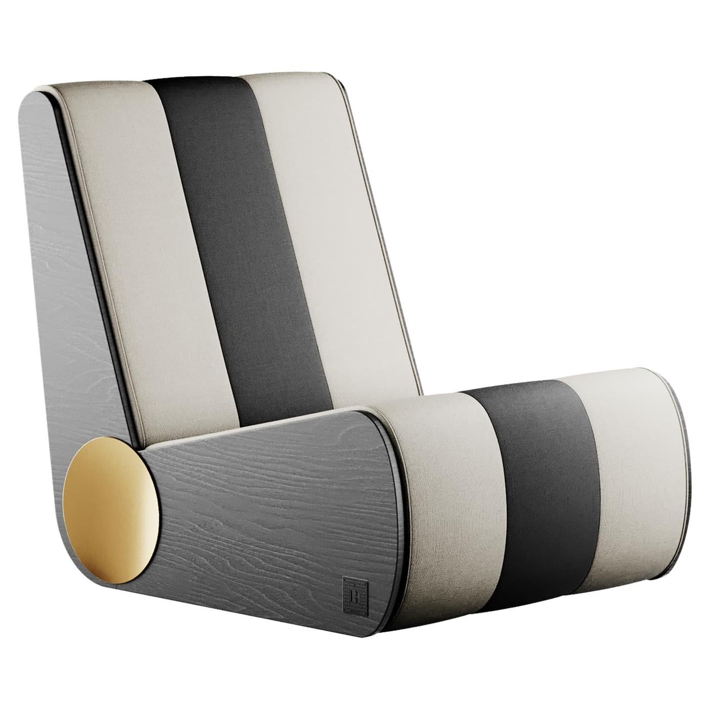 Modern Folding Lounge Chair Black White Stripes & Golden Details