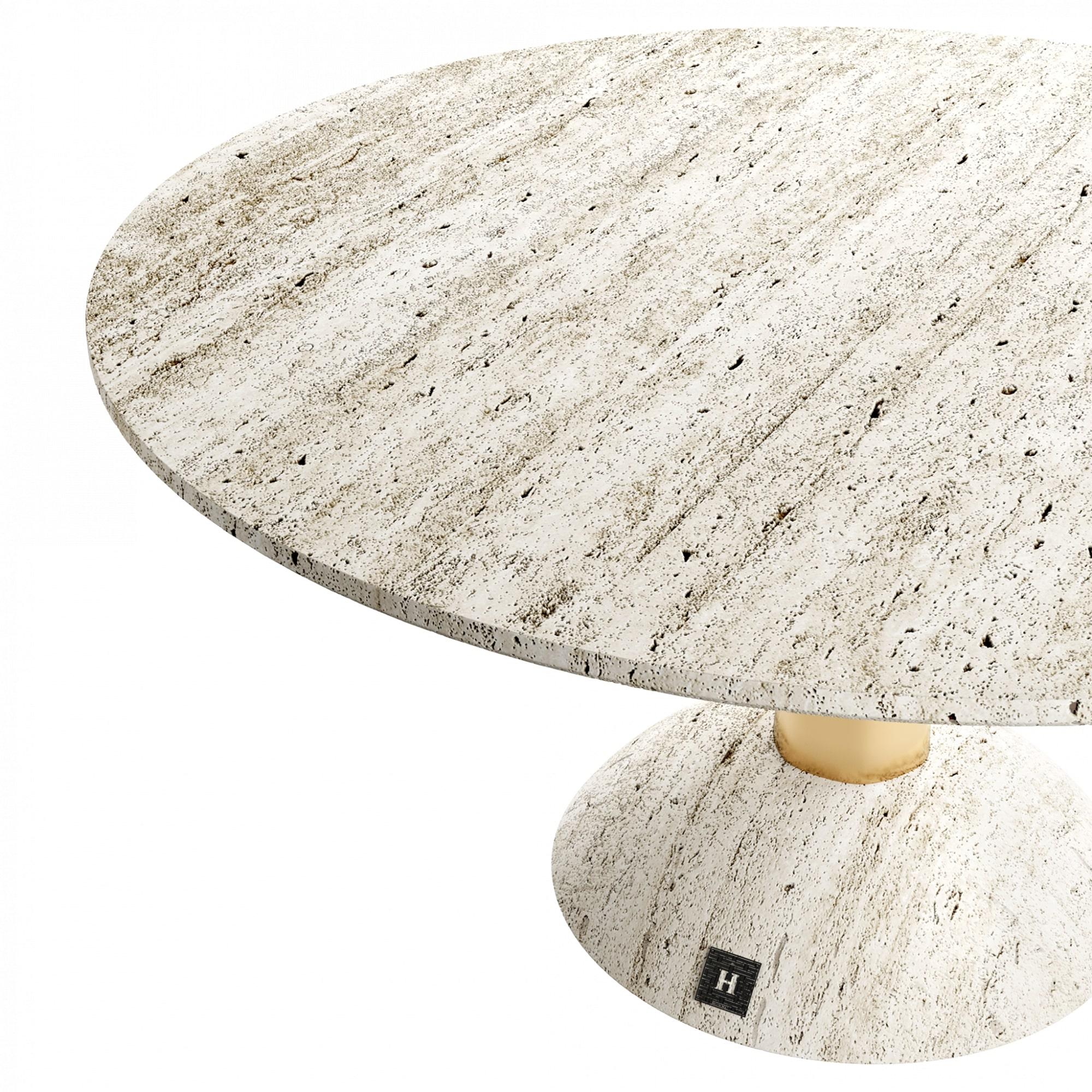 Portuguese Modern Outdoor Indoor White Dining Table, Travertine Marble & Polished Brass For Sale