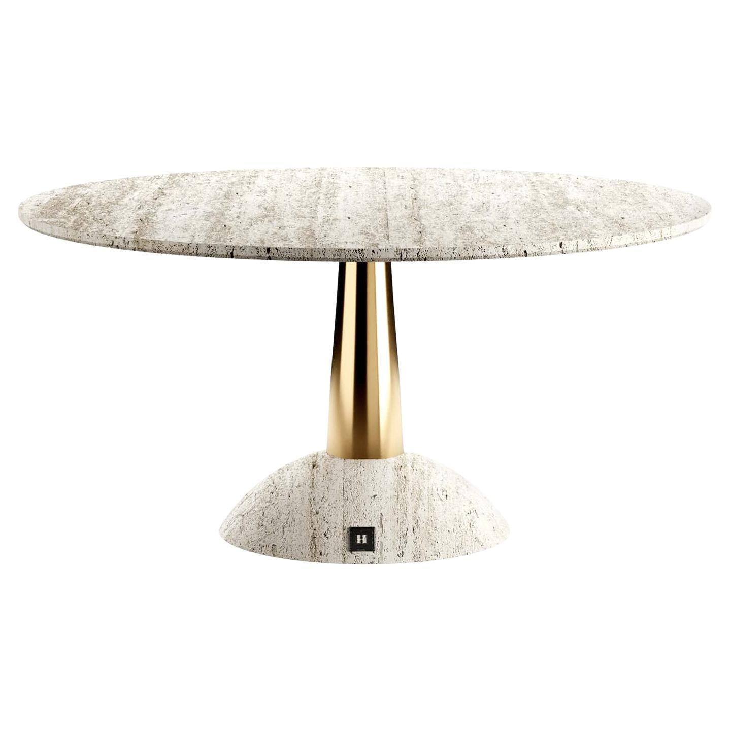 Modern Outdoor Indoor White Dining Table, Travertine Marble & Polished Brass