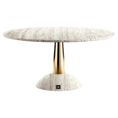 Modern Outdoor Indoor White Dining Table, Travertine Marble & Polished Brass