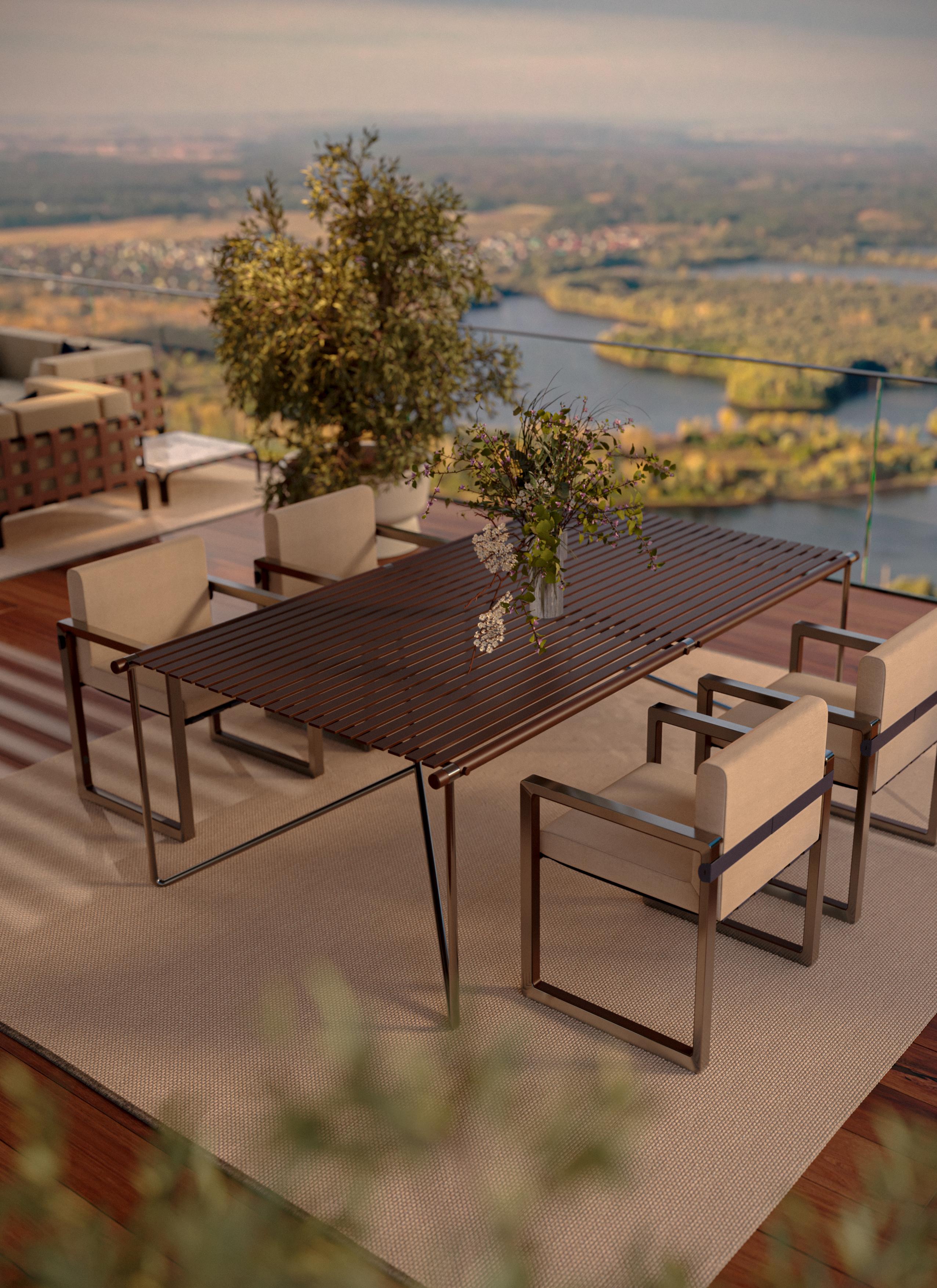 Table de salle à manger moderne d'extérieur en acier inoxydable noir laqué avec pieds plaqués en vente 1