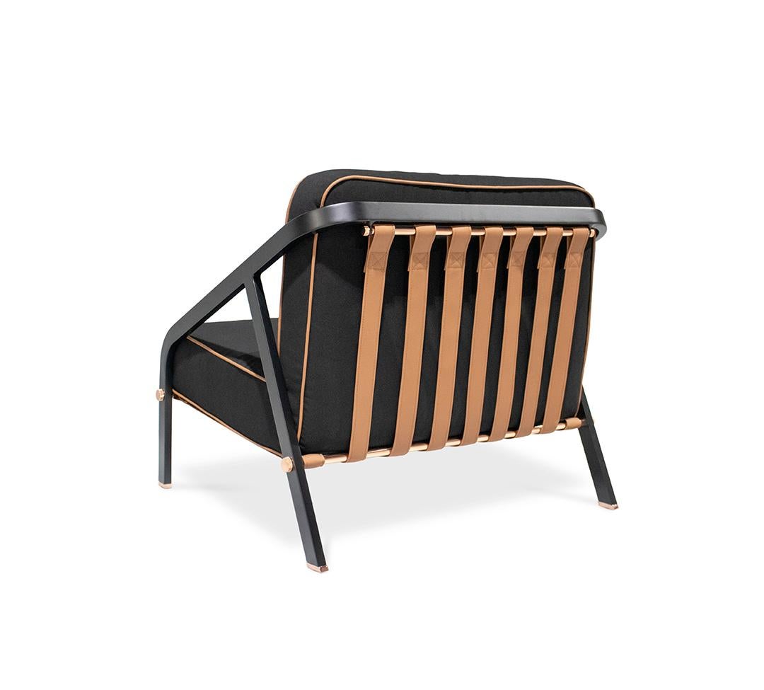 Contemporary Modern Outdoor Ribbon Chair featuring Black Fabric and Brown Waterproof Leather For Sale