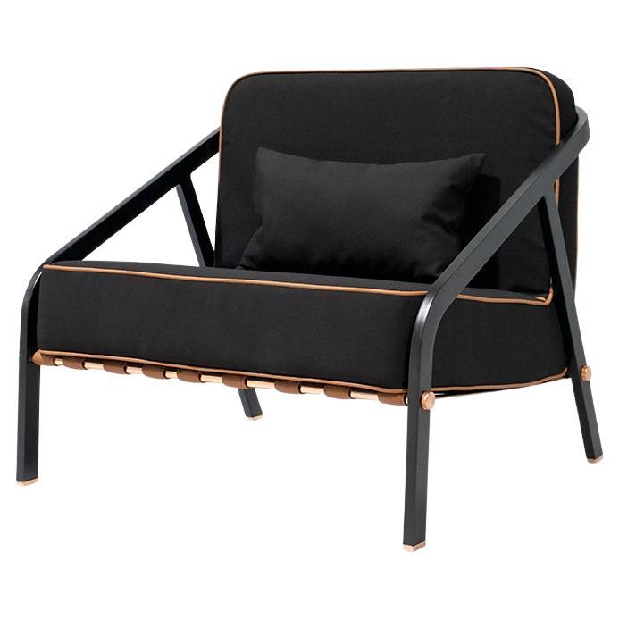 Modern Outdoor Ribbon Chair featuring Black Fabric and Brown Waterproof Leather