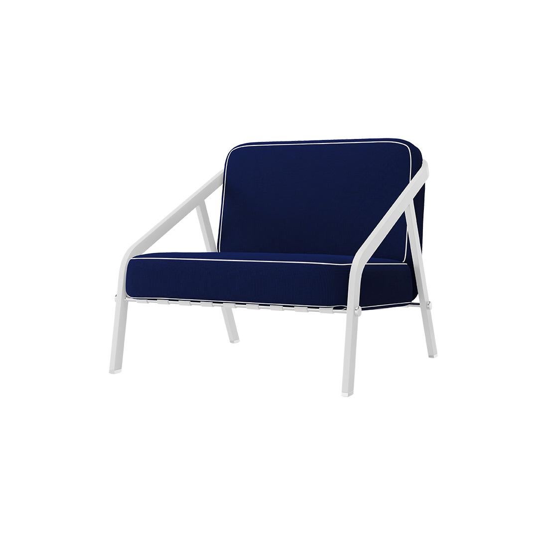 Portuguese Navy Blue Outdoor Lounge Ribbon Chair with Leather Straps For Sale