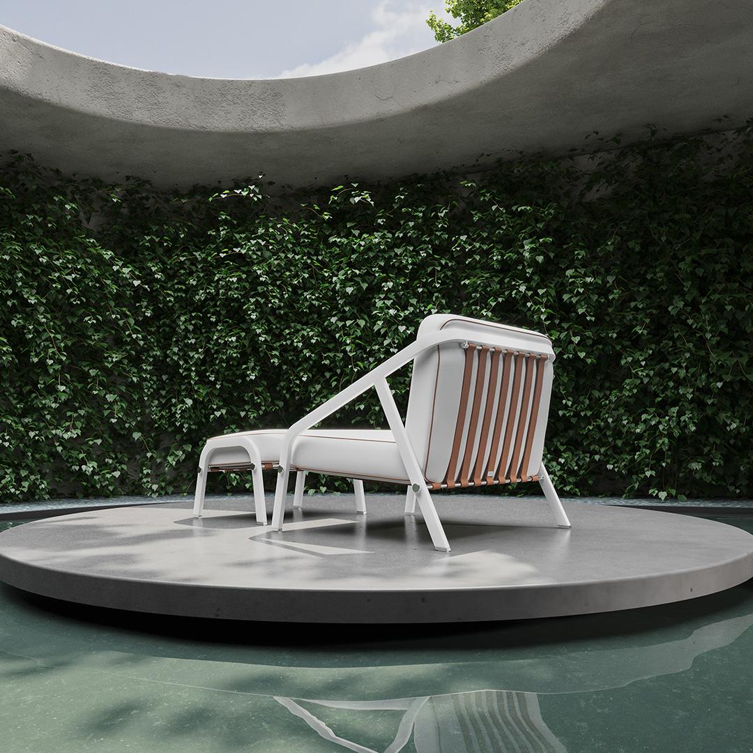 Fauteuil de patio avec sangles en cuir blanc lisse en vente 1