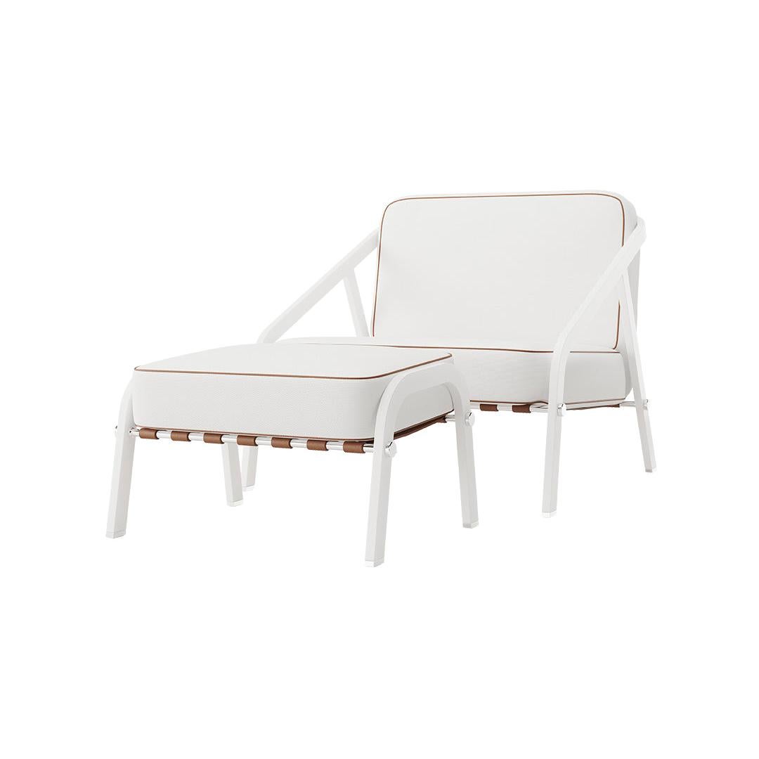 Modern Outdoor Lounge Chair with White Leather Straps For Sale