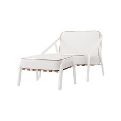 Modern Outdoor Lounge Armchair Leather White Straps Brown Stainless Steel