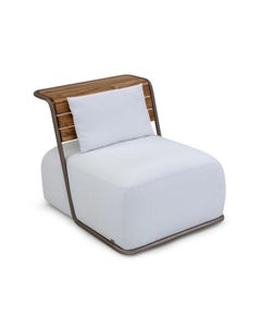 Modern Outdoor Lounge Chair, Teak and Brown Metal Frame, White Upholstered Seat