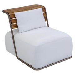 Modern Outdoor Lounge Chair, Teak and Brown Metal Frame, White Upholstered Seat