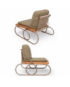 Modern Outdoor Lounge Chair with Cushion, Teak Base and Beige Gold Fabric