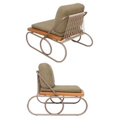 Modern Outdoor Lounge Chair with Cushion, Teak Base and Beige Gold Fabric