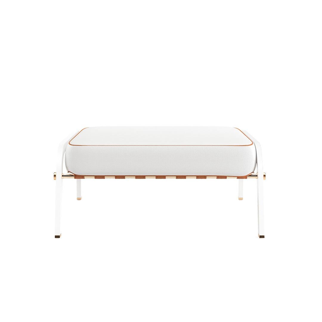 Ribbon - Outdoor ottoman

Contemporary outdoor dining chair made with structure: white lacquered aluminum, metallic details: gold plated, upholstery: acrylic fabric, piping: outdoor leather, straps: outdoor leather

Due to its well-defined