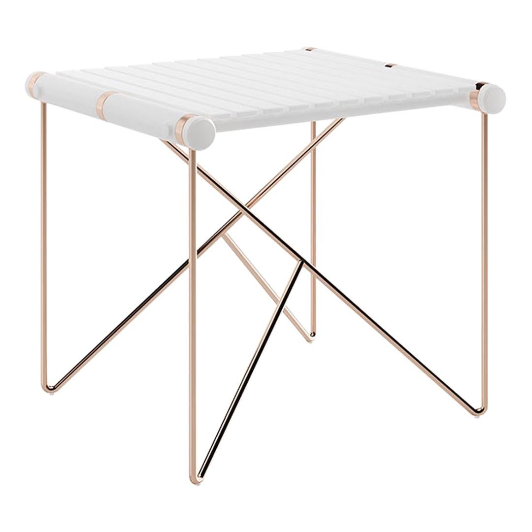 Table d'appoint moderne d'extérieur en acier inoxydable avec plateau laqué blanc