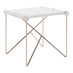 Table d'appoint moderne d'extérieur en acier inoxydable avec plateau laqué blanc