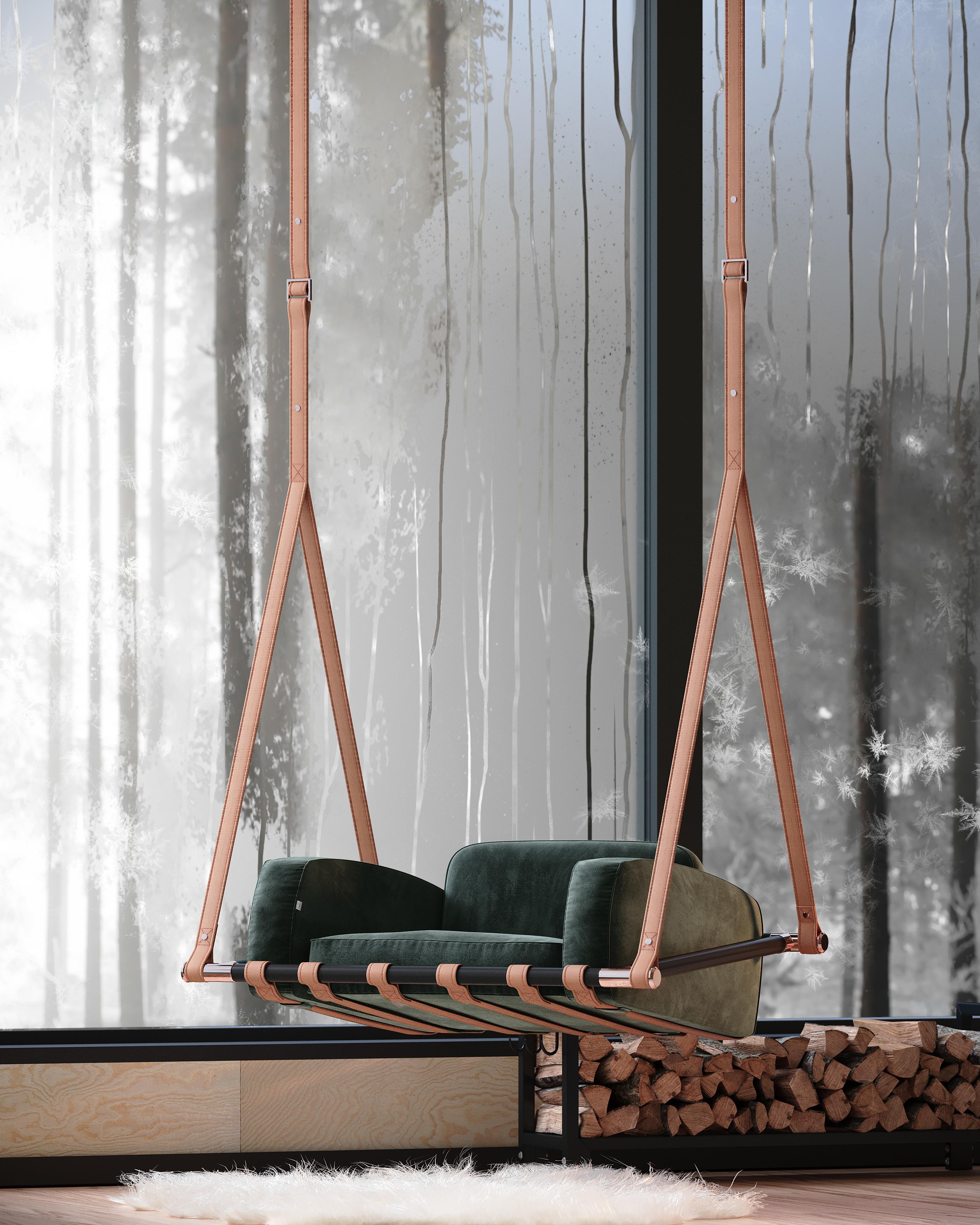 Acciaio inossidabile Dondolo moderno per esterni con rivestimento nero, cinghie in pelle marrone e cromo in vendita