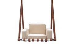 Outdoor Swing Chair in Beige Waterproof Upholstery with Brown Leather Straps