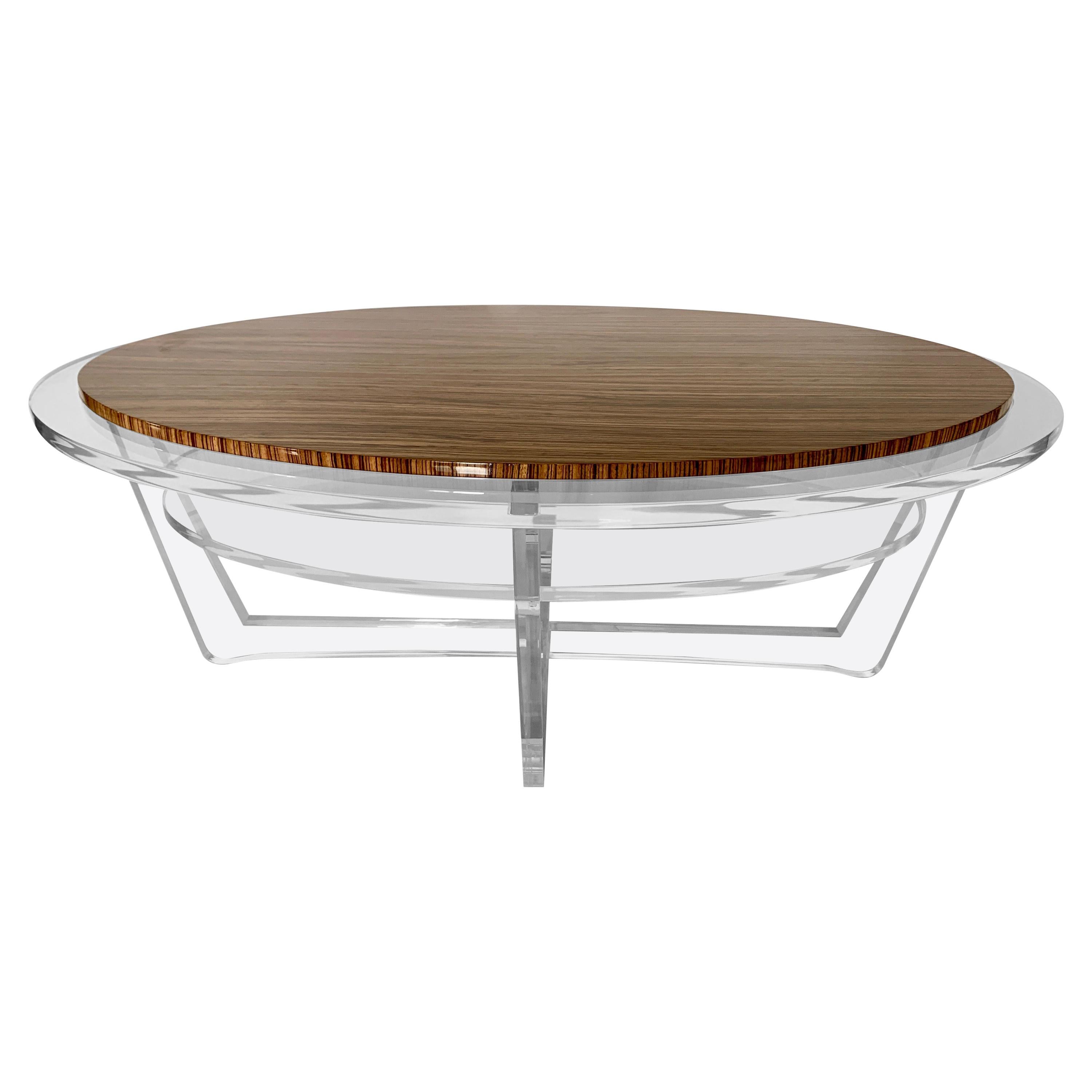 Modern Oval Acrylic And Zebra Wood Cocktail Table . In Stock For Sale