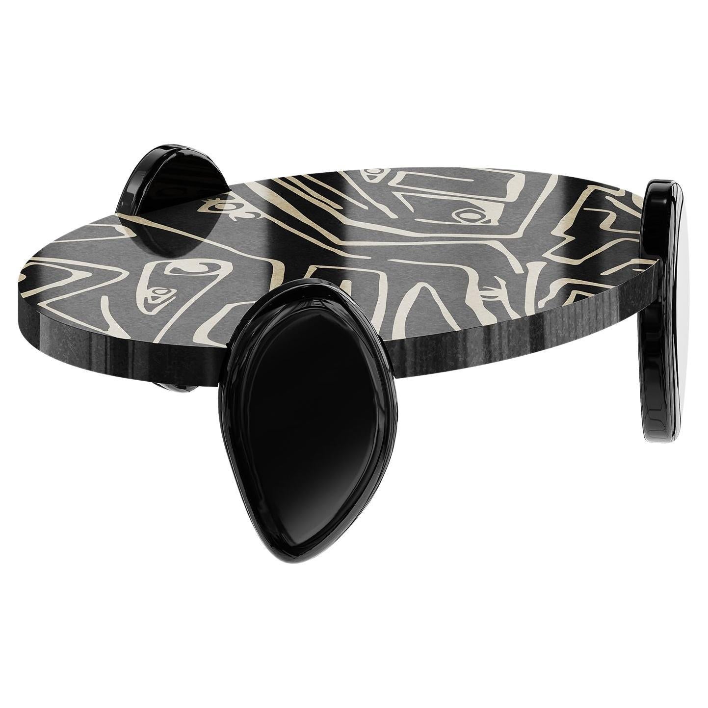 Modern Oval Center Coffee Table Wood Marquetry Contemporary Black & White