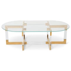 Modern Oval Coffee Table in Brass, Lucite & Glass with Geometric Crisscross Base