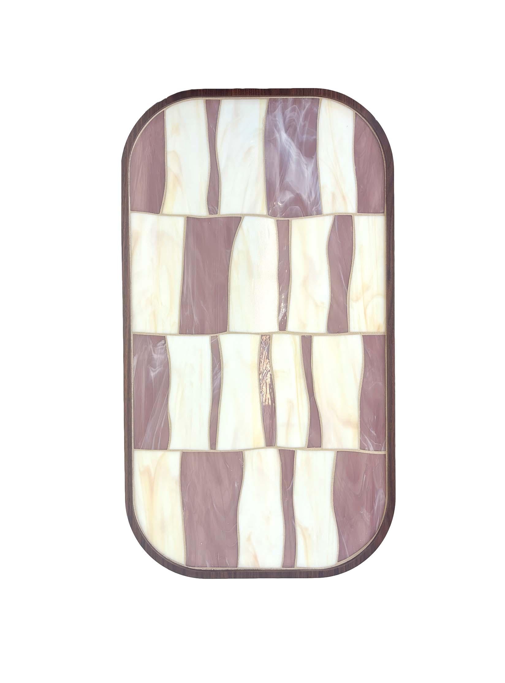 American Modern Oval Coffee Table with Walnut Cylinder Base and Lavender and Ivory Glass For Sale