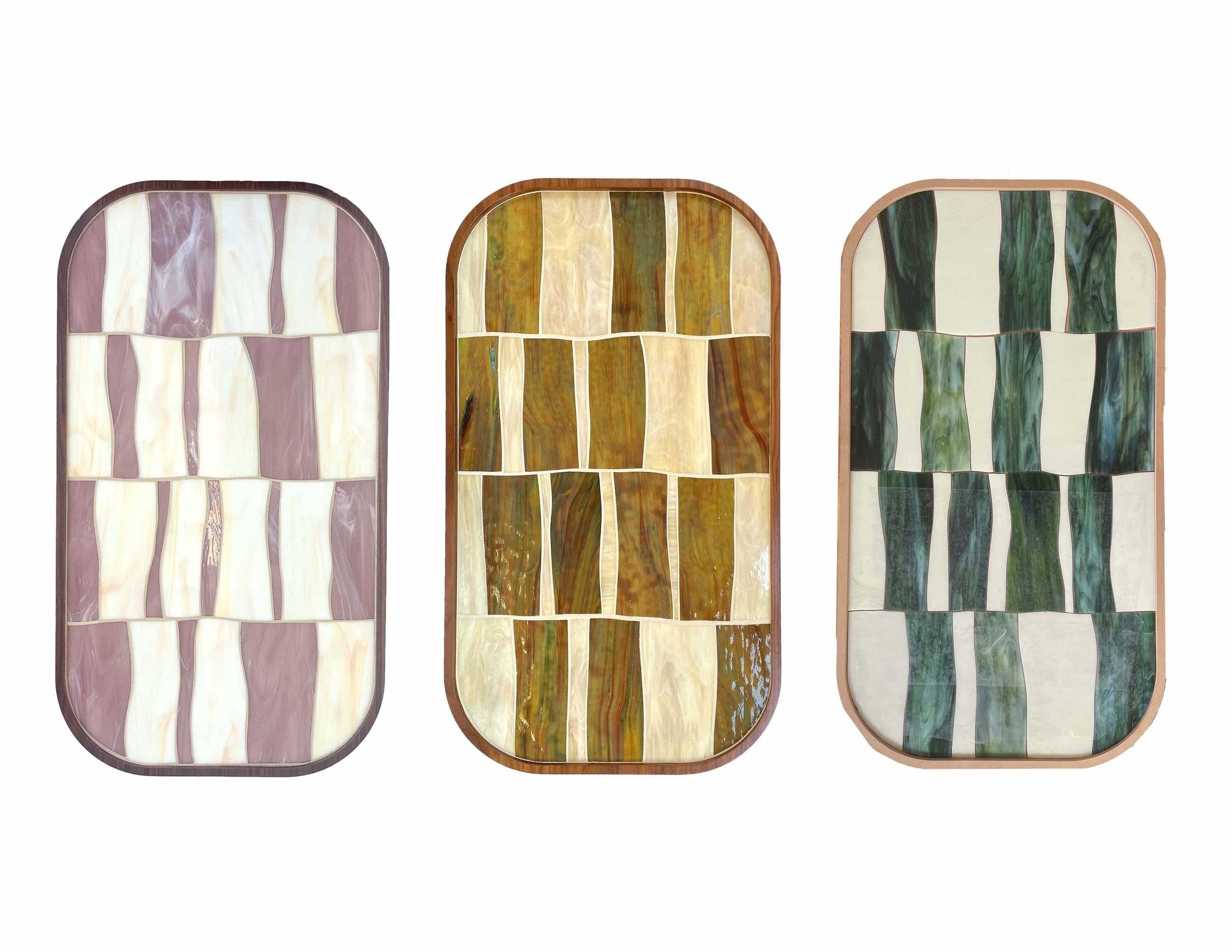 Mosaic Modern Oval Coffee Table with Walnut Cylinder Base and Lavender and Ivory Glass For Sale
