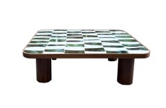 Modern Oval Coffee Table Walnut Cylinder Base and Glass Mosaic by Ercole Home