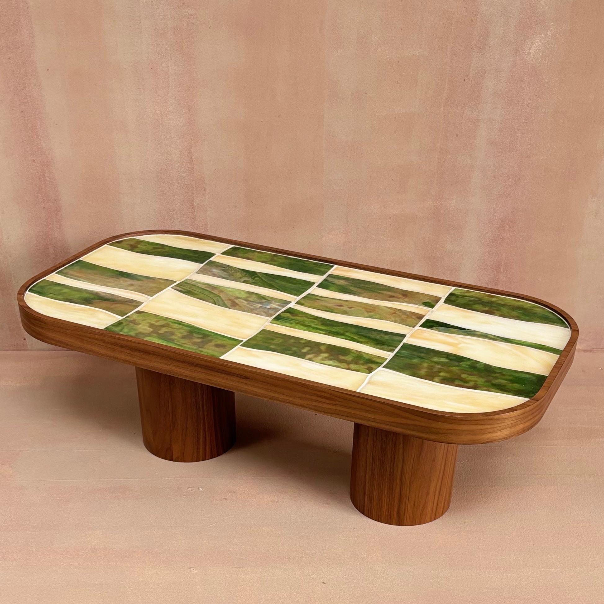 American Modern Oval Coffee Table Walnut Cylinder Base and Glass Mosaic by Ercole Home For Sale