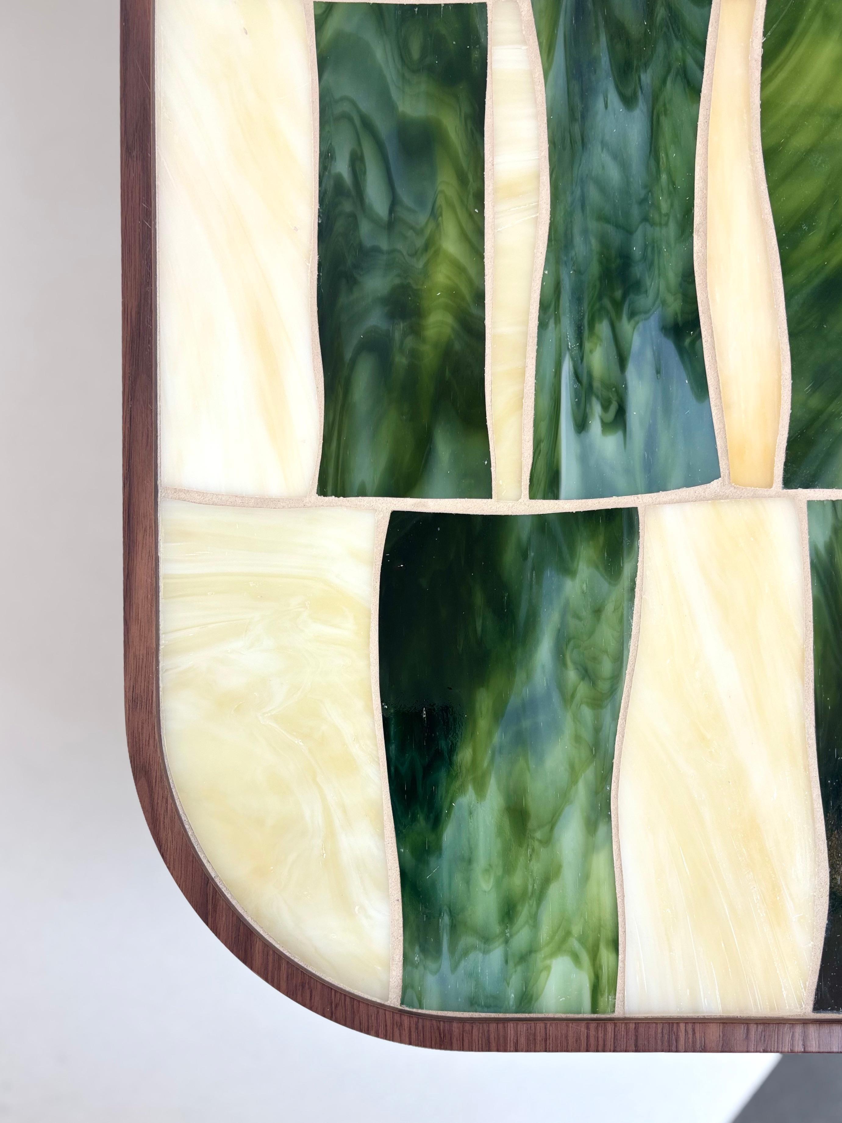 Modern Oval Coffee Table Walnut Cylinder Base and Glass Mosaic by Ercole Home In New Condition For Sale In Brooklyn, NY