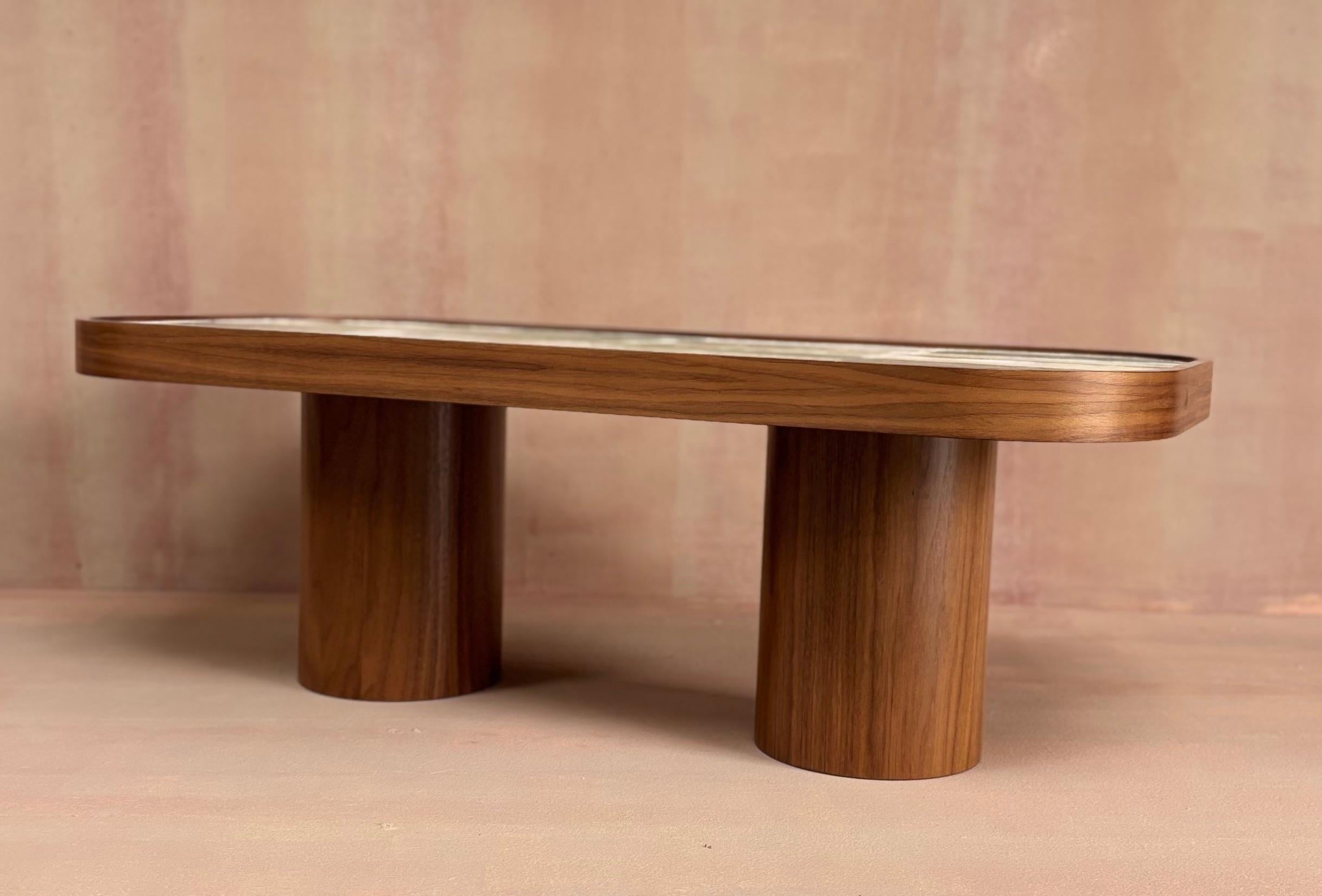 Modern Oval Coffee Table Walnut Cylinder Base and Glass Mosaic by Ercole Home In New Condition For Sale In Brooklyn, NY