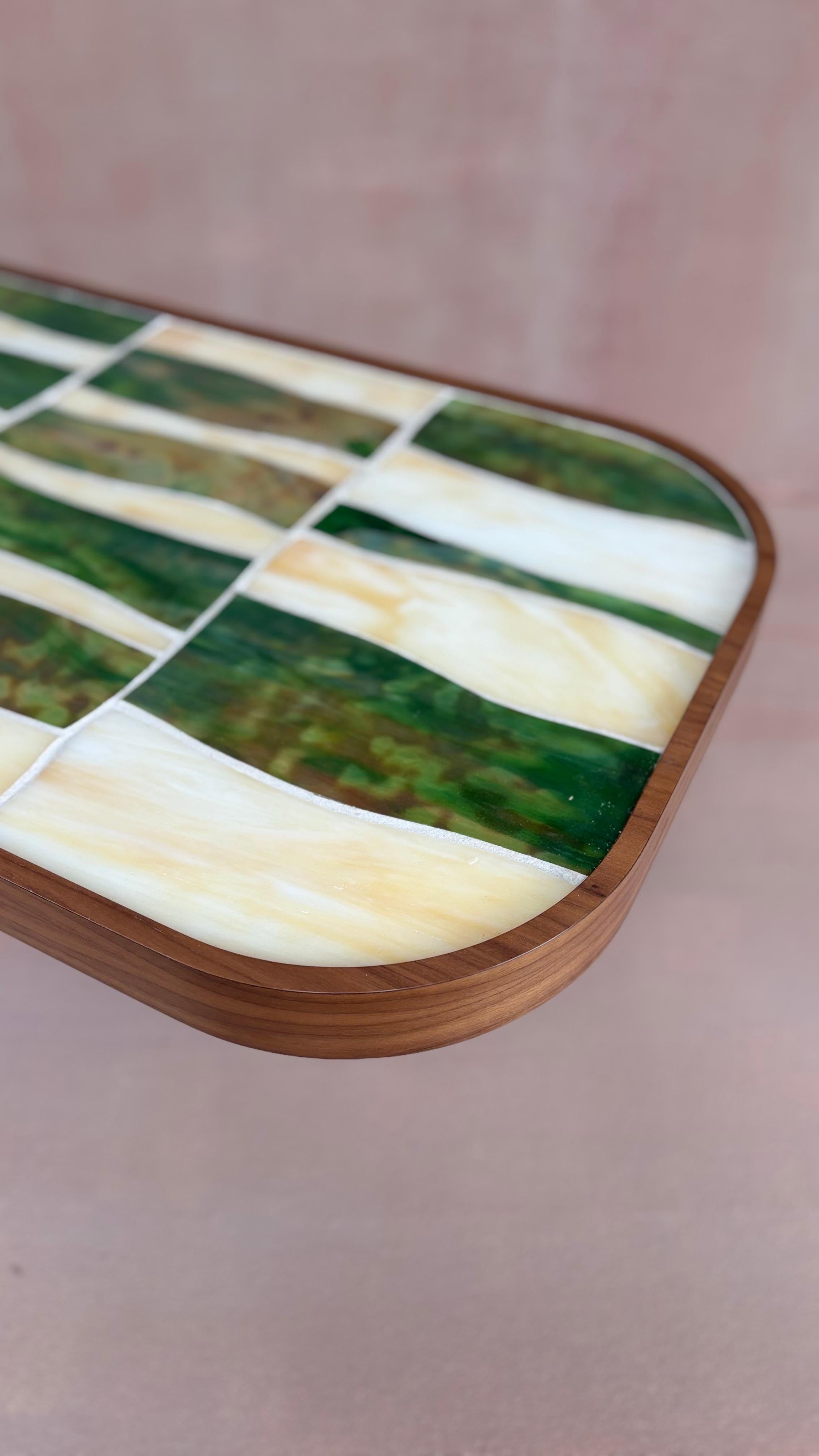 Contemporary Modern Oval Coffee Table Walnut Cylinder Base and Glass Mosaic by Ercole Home For Sale