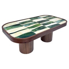 Modern Oval Coffee Table Walnut Cylinder Base and Glass Mosaic by Ercole Home