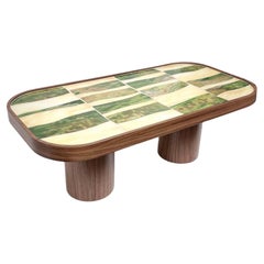 Modern Oval Coffee Table Walnut Cylinder Base and Glass Mosaic by Ercole Home