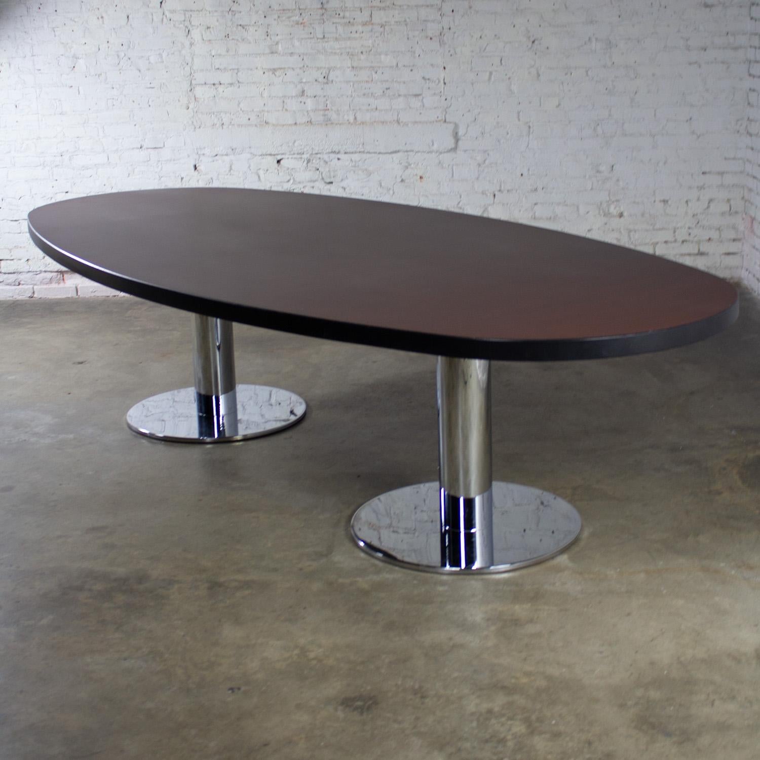 Modern Oval Dining or Conference Table Chrome Cylindrical Double Pedestal Base For Sale 5