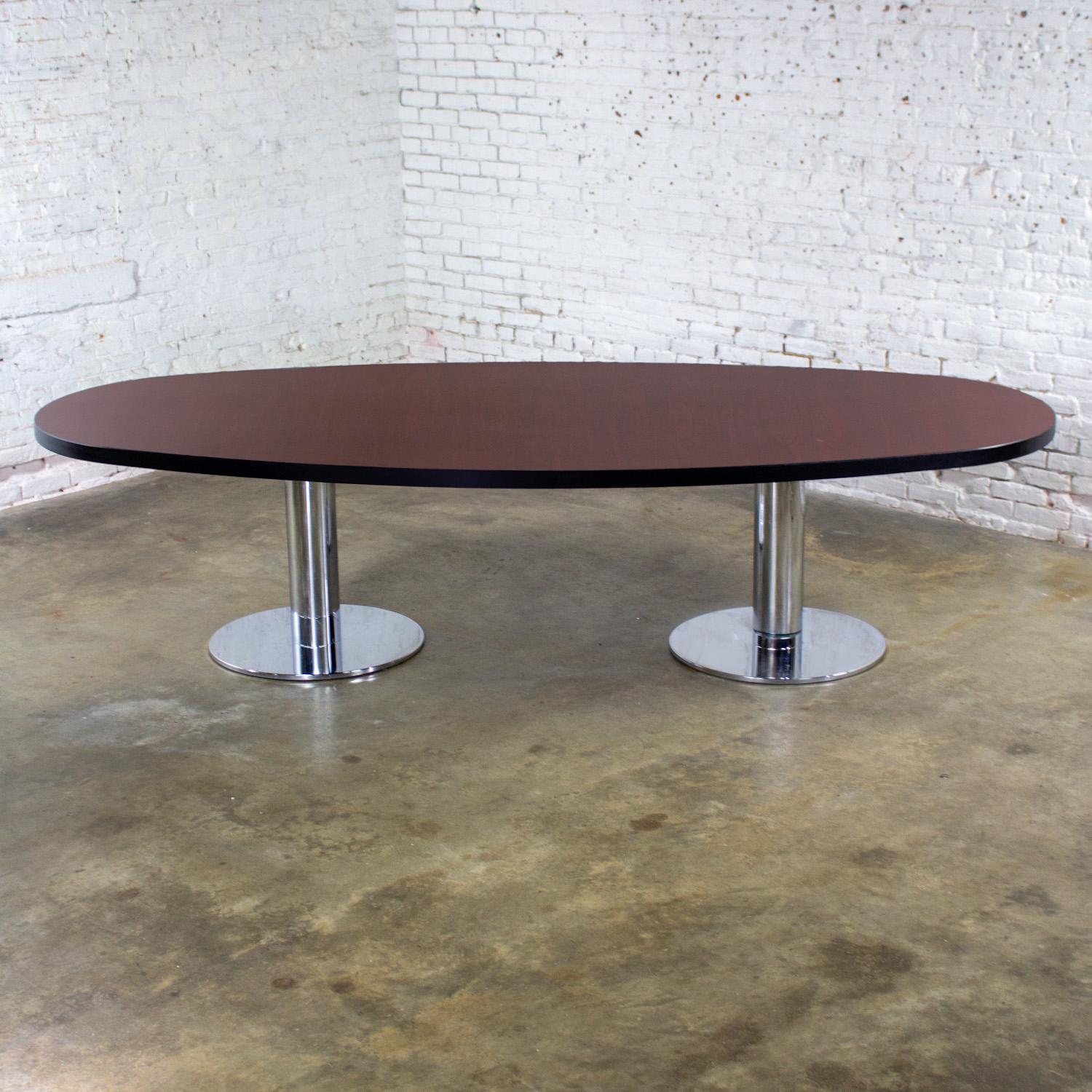 Modern Oval Dining or Conference Table Chrome Cylindrical Double Pedestal Base For Sale 7
