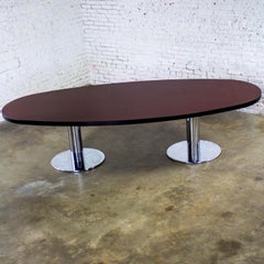 Modern Oval Dining or Conference Table Chrome Cylindrical Double Pedestal Base