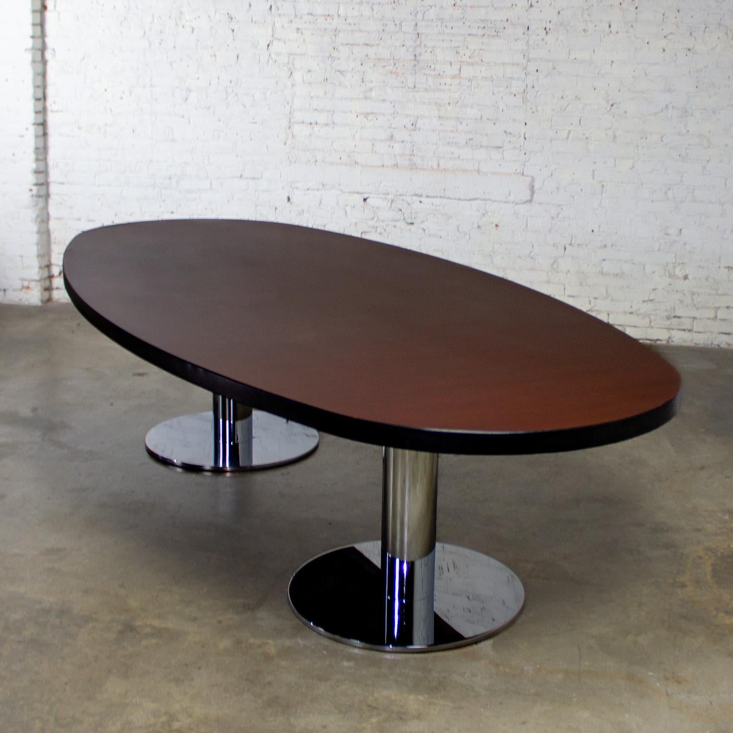Unknown Modern Oval Dining or Conference Table Chrome Cylindrical Double Pedestal Base For Sale